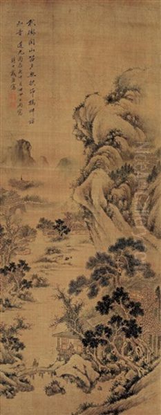 Walking With A Staff Through Mountains In Autumn Oil Painting by Dai Xi