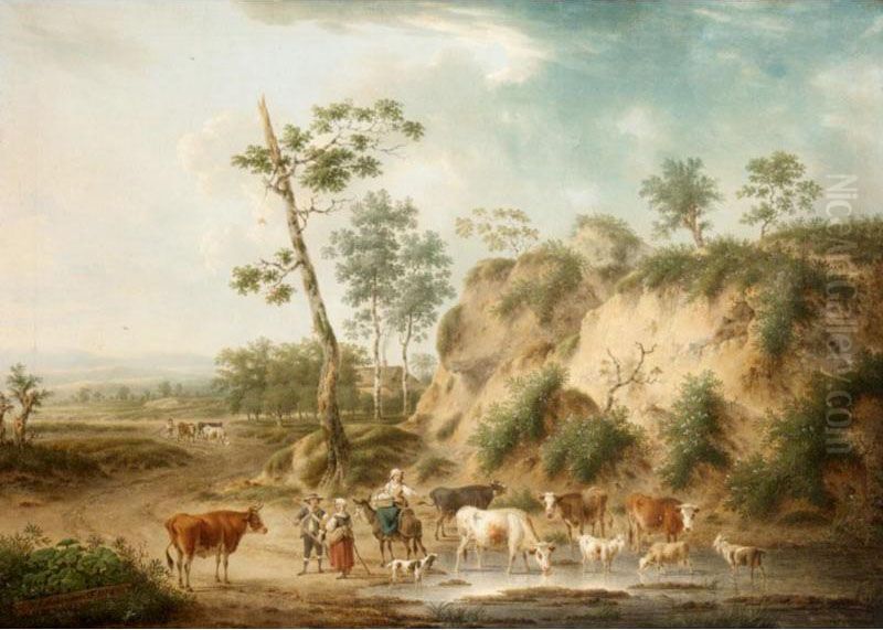 Peasants With A Cattle In An Open Landscape Oil Painting by Hendrik van Anthonissen
