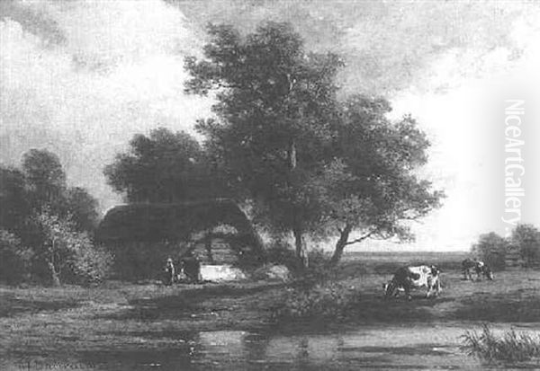 Cows Grazing In A Sundrenched Meadow Oil Painting by Alexander Joseph Daiwaille