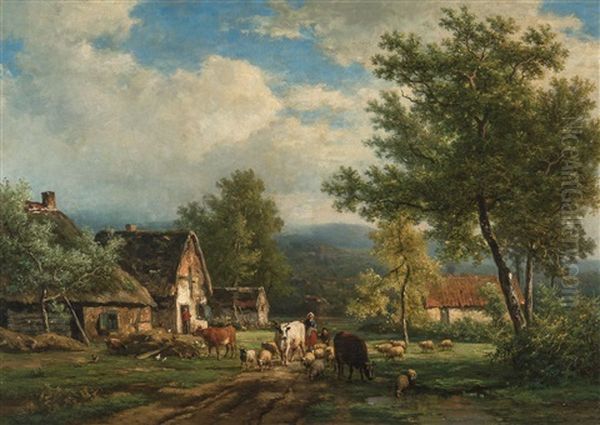 Returning From The Pasture Oil Painting by Jean Augustin Daiwaille