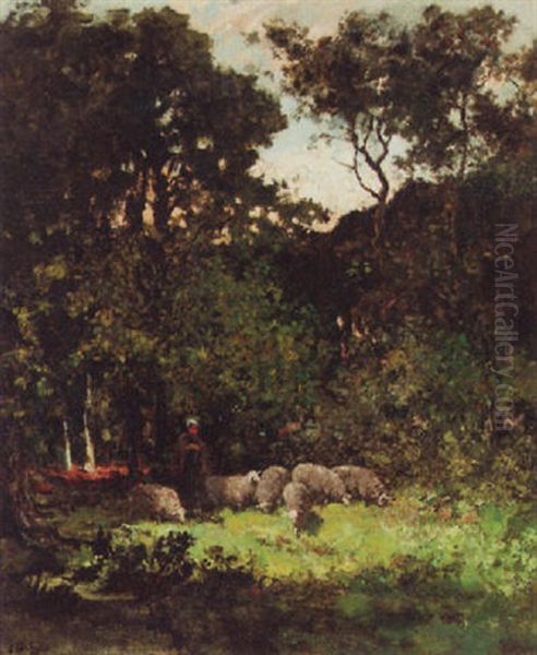 A Shepherdess And Her Sheep In A Forest Oil Painting by Carel Lodewijk Dake the Elder