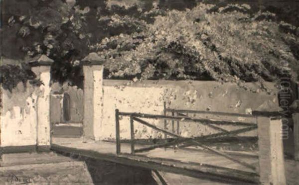 A Little Bridge, Yokyakarta, With A Bougainvillea Oil Painting by Carel Lodewijk Dake the Younger