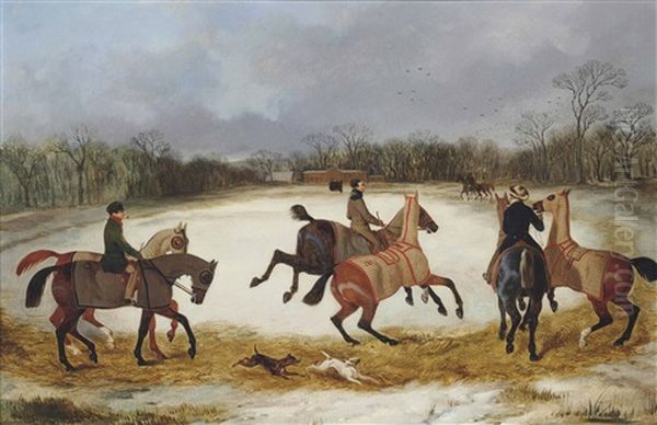 Grooms Exercising Horses In Winter Oil Painting by David of York Dalby