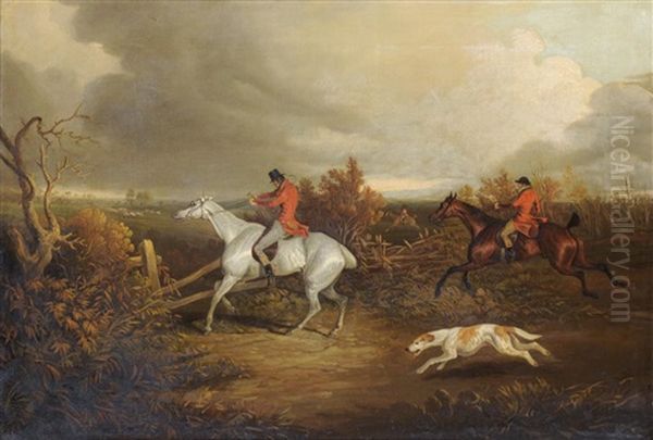 Huntsmen Riding Through A Landscape And Taking A Fence Oil Painting by David of York Dalby