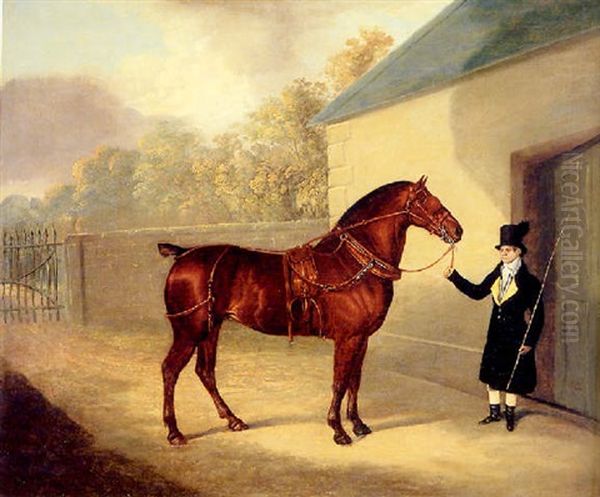 A Carriage Horse And A Groom At A Stable Oil Painting by David of York Dalby