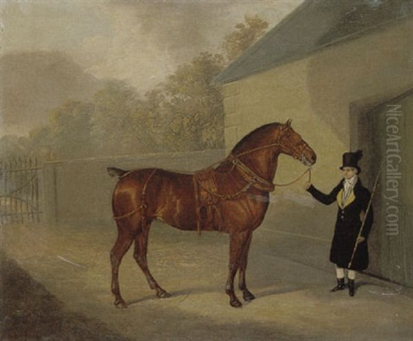 A Carriage Horse Held By A Groom In A Stable Yard Oil Painting by David of York Dalby