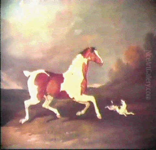 A Brown And White Skewbald Horse And A Terrier In A         Landscape Oil Painting by David of York Dalby