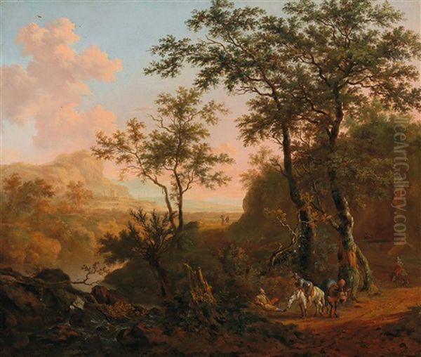An Italianate Mountainous Landscape With Travellers Oil Painting by Dirk Dalens the Younger