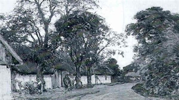 Sceneri Fra En Bondegard Ved Gilleleje, Solnedgang Oil Painting by Hans Mathias Halten Dall