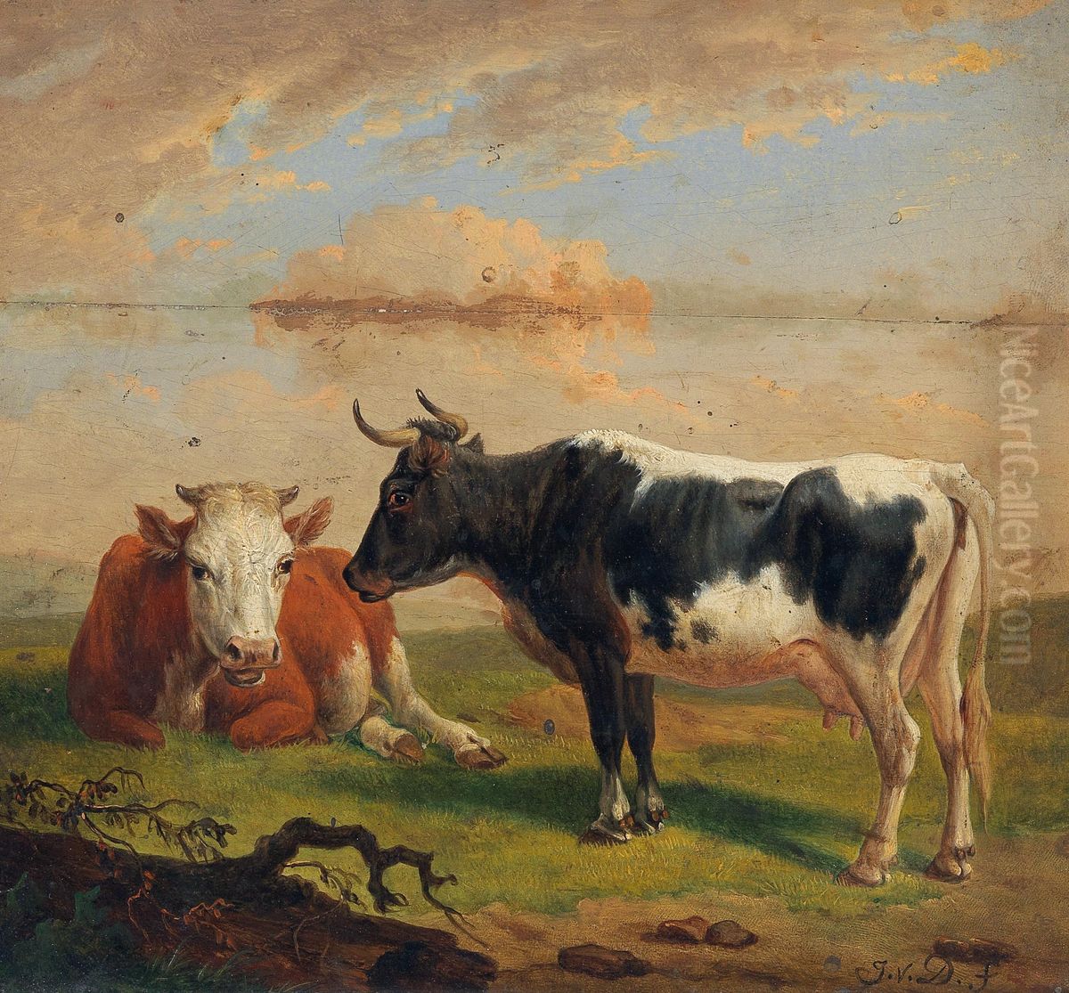 Cows In The Pasture Oil Painting by Alexander Johann Dallinger Von Dalling