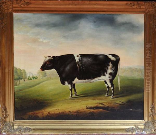 A Portrait Of A Prize Bull In The Grounds Of A Country House Oil Painting by Alexandre Dalziel