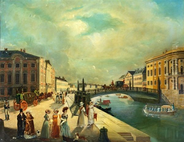 Le Pont De La Police Sur La Moskva Avec Le Palais Stroganoff, St Petersbourg Oil Painting by Michel Fr. Damane-Demartrais