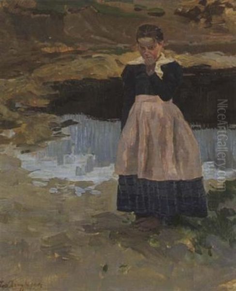 Nachdenkliches Bauernmadchen Am Tumpel Oil Painting by Joseph Damberger