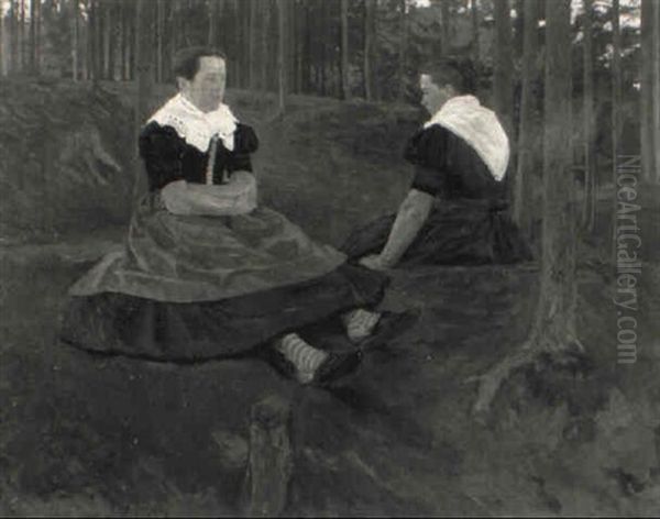 Waldinneres Mit Zwei Trachtenfrauen Oil Painting by Joseph Damberger