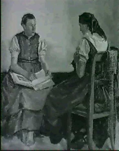 Zwei Bauerinnen Bei Der Lekture Und Beim Strumpf            Stricken Oil Painting by Joseph Damberger