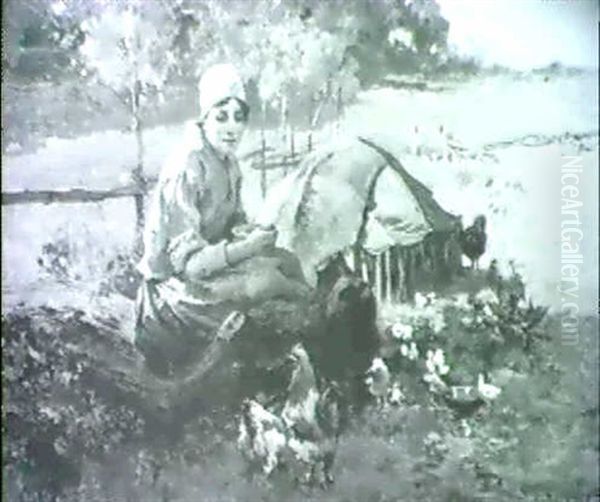 Madchen Mit Huhnern Oil Painting by Emile Charles Dameron