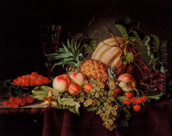 Opstilling Med Melon, Ananas, Jordbaer Samt Glas Med Rodvin Pa En Karm Oil Painting by Johan Frederik Damm