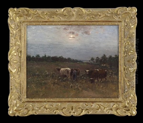 Cattle Grazing At Sunset Oil Painting by Emile Van Damme-Sylva