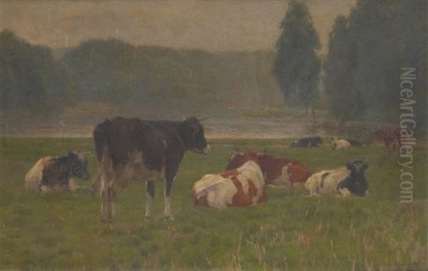 Vaches Au Bord Du Cours D'eau Oil Painting by Emile Van Damme-Sylva
