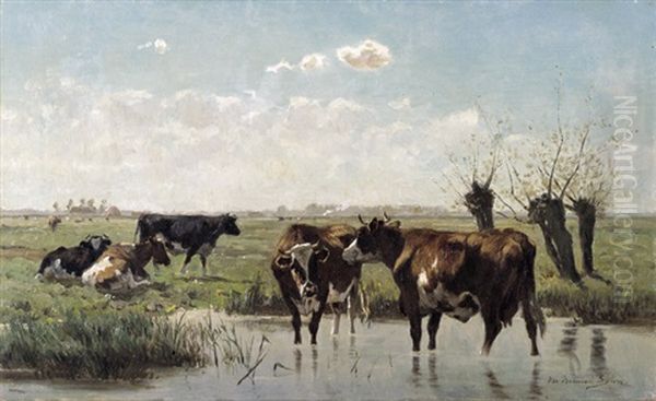 Koeien Bij Een Oever Oil Painting by Emile Van Damme-Sylva