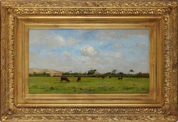 Troupeau Dans La Prairie Pres De Montigny Sur Loing Oil Painting by Pierre Emmanuel Eugene Damoye