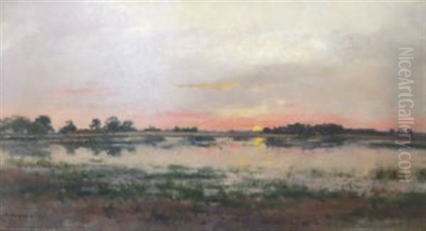 Sun Rising In A Red Sky Over A Lake Scene (+ Landscape With Village Scene In The Distance; 2 Works) Oil Painting by Pierre Emmanuel Eugene Damoye