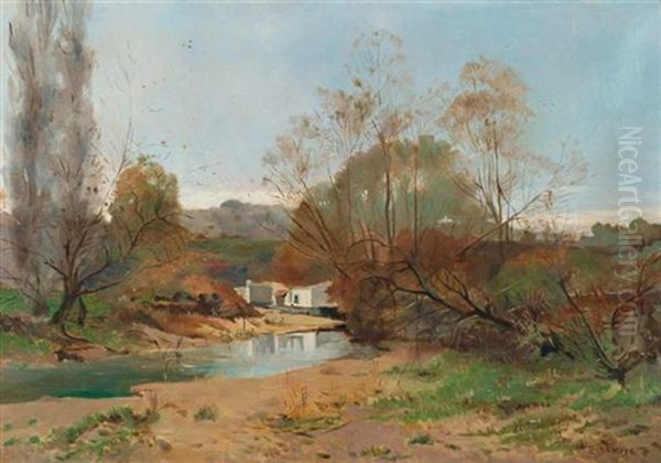 Flusslandschaft Oil Painting by Pierre Emmanuel Eugene Damoye
