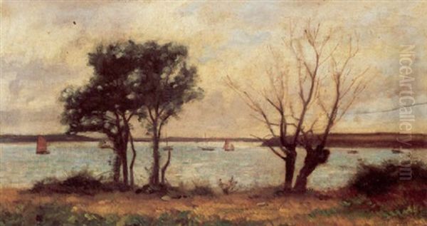 Fjordlandskab Med Sejlskibe Oil Painting by Pierre Emmanuel Eugene Damoye