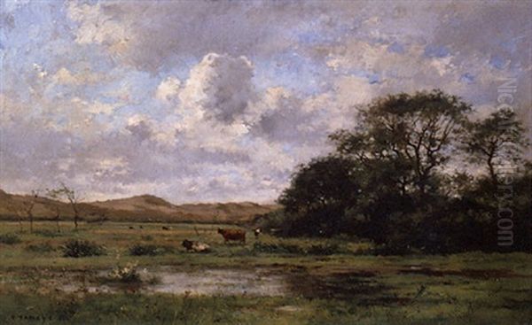 A Landscape With Cows Oil Painting by Pierre Emmanuel Eugene Damoye