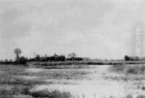 A Marsh Landscape With A Village Beyond Oil Painting by Pierre Emmanuel Eugene Damoye