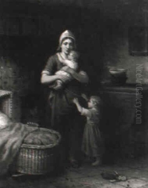 Junge Mutter Mit Ihren Beiden Kindern In Der Stube Oil Painting by Jan Jacobus Matthijs Damschroeder