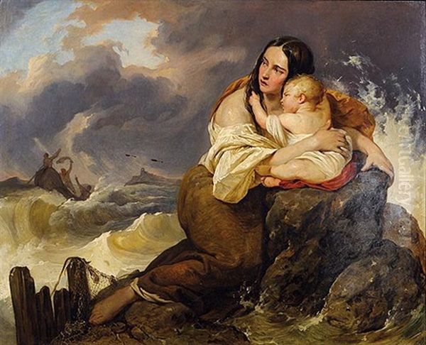 Die Frau Des Fischers Am Meeresufer Oil Painting by Josef Franz Danhauser