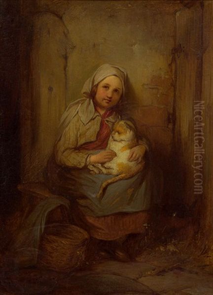 Madchen Mit Katze Oil Painting by Josef Franz Danhauser