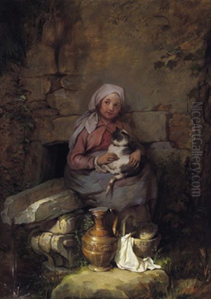 Das Madchen Mit Der Katze Oil Painting by Josef Franz Danhauser