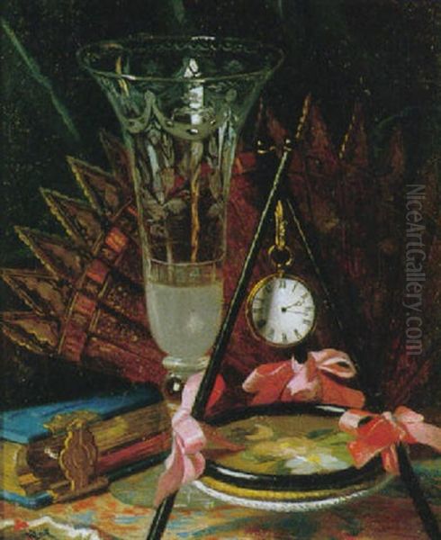 Biederliches Stilleben Mit Goldener Taschenuhr, Kelchglas, Spiegel Und Buch Auf Einem Tisch Arrangiert Oil Painting by Josef Franz Danhauser