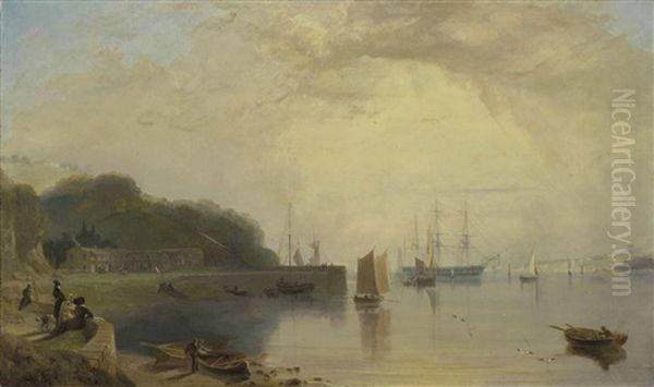 An Estuary In Devon, Possibly Torquay, With Figures And Small Boats In The Foreground And A Man-of-war At Anchor In The Background Oil Painting by William Daniell RA