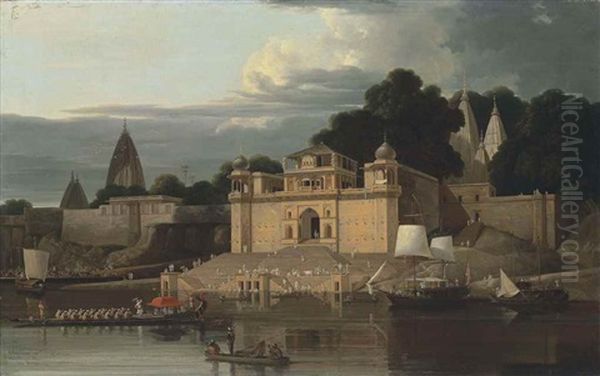 Shivala Ghaut And Cheyt Singh's House Near Benares Oil Painting by William Daniell RA