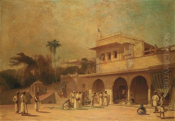 A Palace In Juanpore, India With A Nautch Girl Performing In Front Of A Nobleman Oil Painting by William Daniell RA