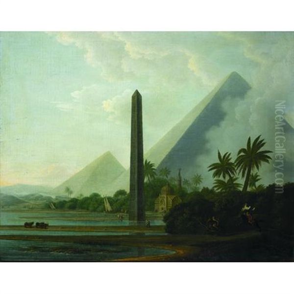 An Egyptian Scene With Pyramids, An Obelisk And A Mosque With Dhows, Cattle And Mounted Warriors In The Foreground Oil Painting by William Daniell RA
