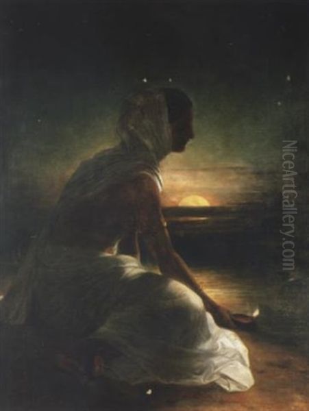 An Indian Woman Floating Lamps On A River Oil Painting by William Daniell RA