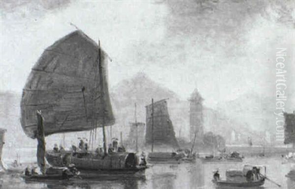 Junks Off The Coast Oil Painting by William Daniell RA