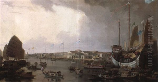 A View Of The European Factories At Canton In China Oil Painting by William Daniell RA