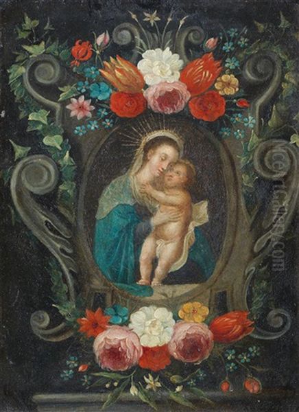 The Madonna And Child Within A Stone Cartouch Surrounded By Flowers And Foliage Oil Painting by Andries Daniels or Danielsz