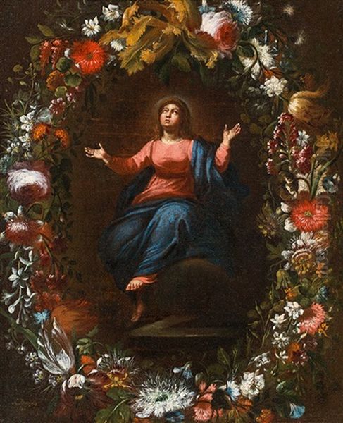 Assumption Of The Virgin Mary In Floral Wreath Oil Painting by Andries Daniels or Danielsz
