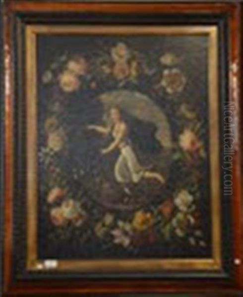 Guirlande De Fleurs Entourant Un Medaillon Avec Une Jeune Femme Oil Painting by Andries Daniels or Danielsz