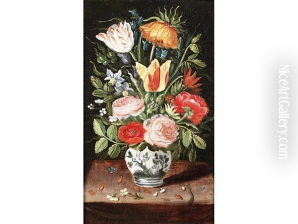 Tulips, Roses, Narcissi And Other Flowers In A Vase On A Table Top Oil Painting by Andries Daniels or Danielsz