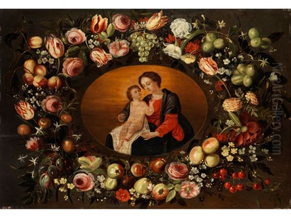 Maria Mit Dem Kind In Ovalem Bluten- Und Fruchtkranz Oil Painting by Andries Daniels or Danielsz