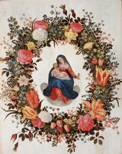 Guirlande De Fleurs Sur Fond Blanc Avec La Vierge A L'enfant Oil Painting by Andries Daniels or Danielsz