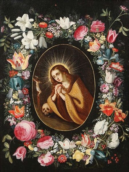 Marie Madeleine Entouree D'une Guirlande De Fleurs Oil Painting by Andries Daniels or Danielsz