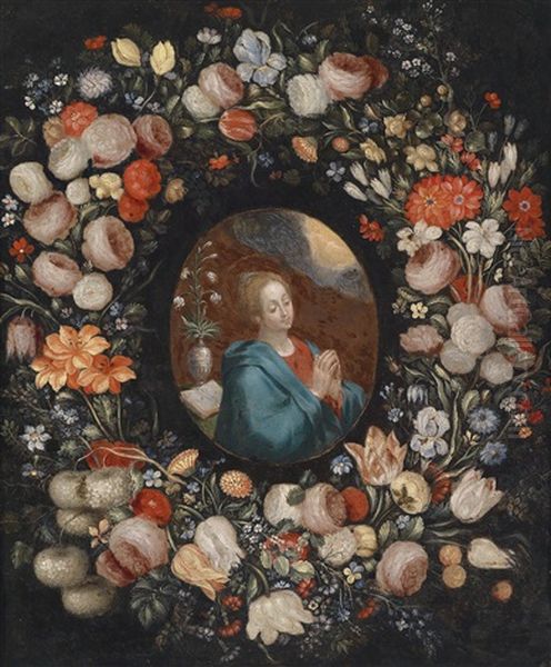 Blumengirlande Um Eine Kartusche Mit Einer Verkundigungsmadonna Oil Painting by Andries Daniels or Danielsz